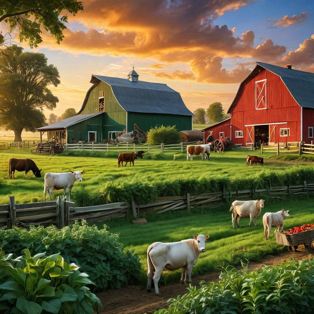 A serene landscape showcasing a lush green farm with healthy gayals grazing peacefully in the foreground. In the background, display a cozy barn and vibrant crops. Include a farmer gently tending to the animals, surrounded by tools and health supplements. The sky should have a warm sunset hue, enhancing the pastoral scene. super-realistic. vibrant colors. natural lighting.
