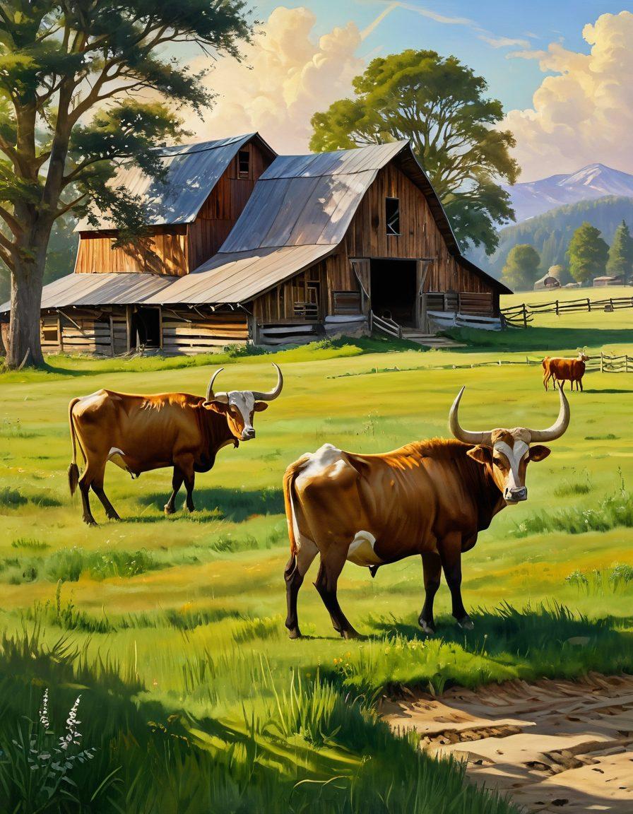 A serene landscape featuring a majestic Gayal, with its distinctive curved horns, grazing in a lush green meadow. Include a rustic barn in the background, symbolizing traditional care. The sun rays illuminate the scene, creating a warm and inviting atmosphere. Add elements of farming tools to represent the nurturing aspect of their care. painting. warm colors. vibrant details.