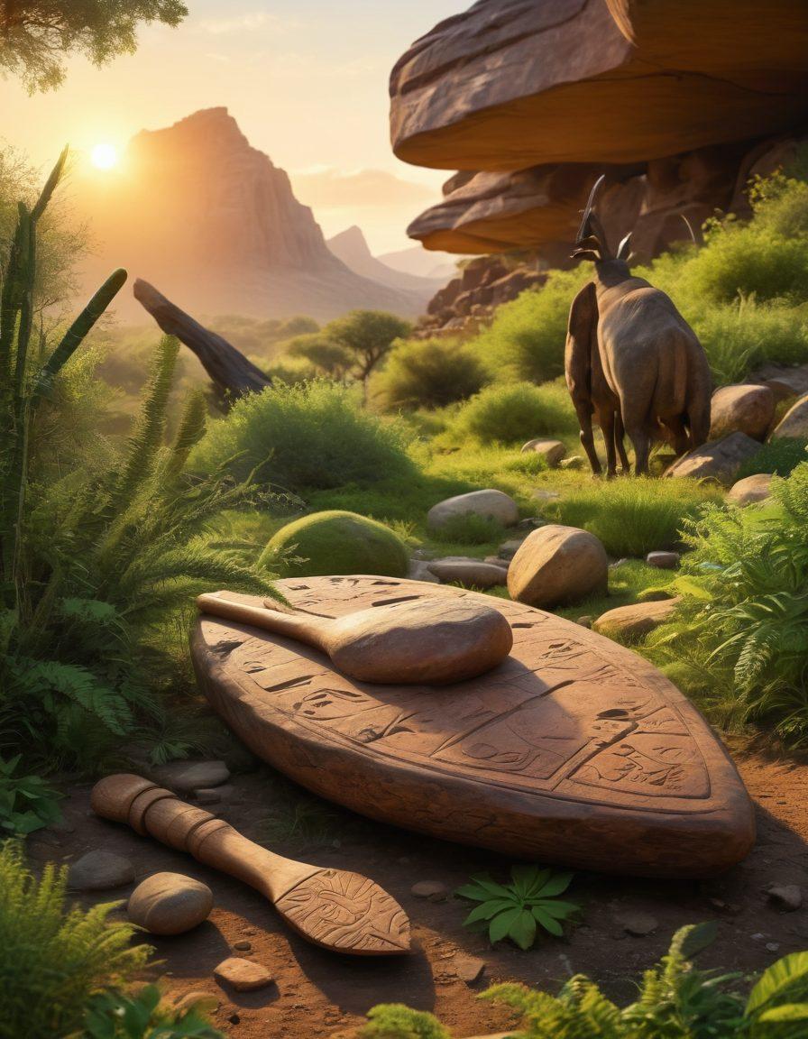 A majestic Gayal in a lush green landscape, surrounded by historical artifacts like ancient tools and petroglyphs, representing its rich history. Include caretakers gently interacting with the Gayal, showcasing conservation efforts. The background should display a serene sunset, symbolizing a hopeful future for the breed. vibrant colors. super-realistic.